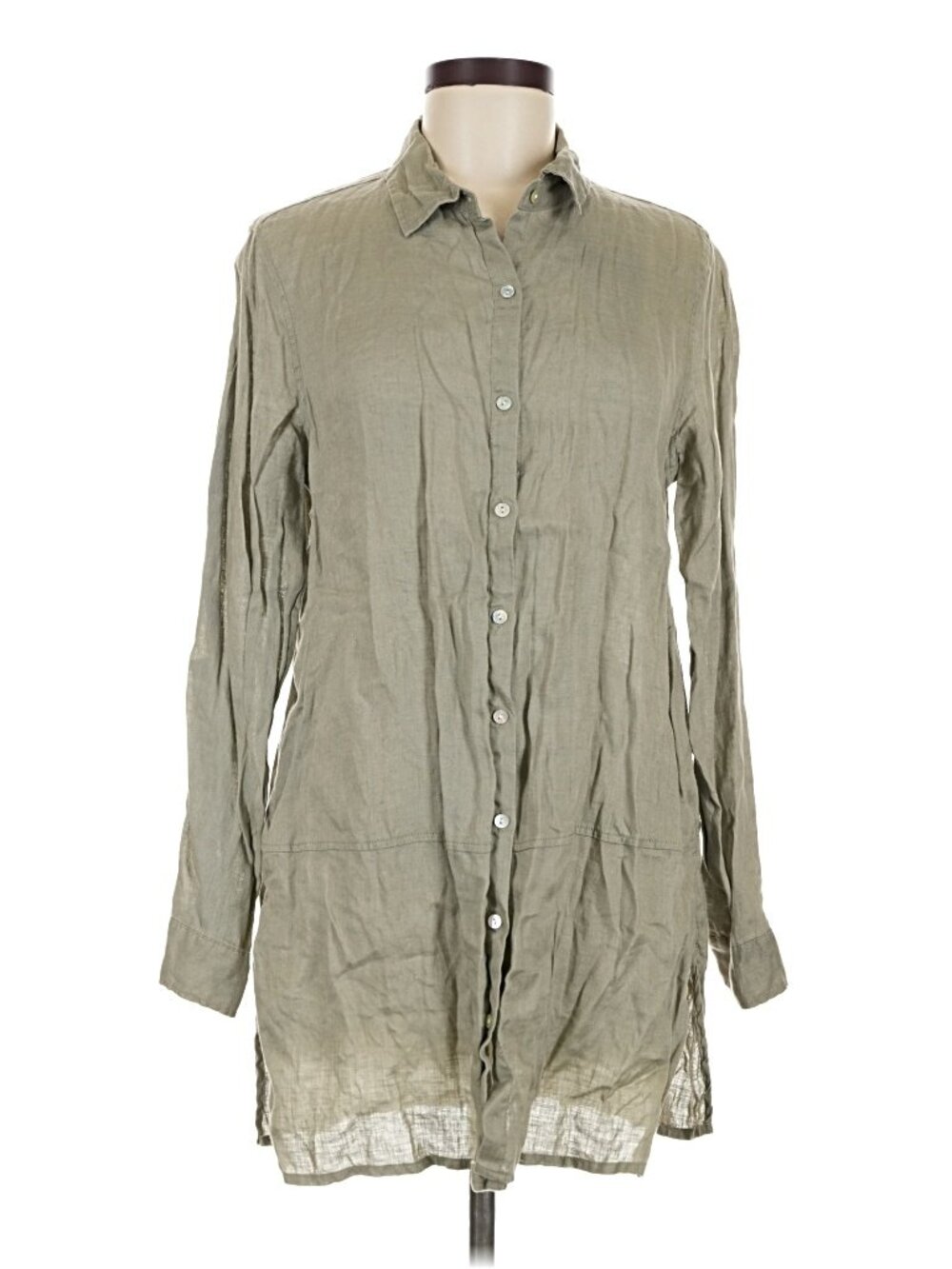 Tahari Women’s Olive Green 100% Linen Longline Tunic Button Down Shirt Size M - Picture 2 of 7